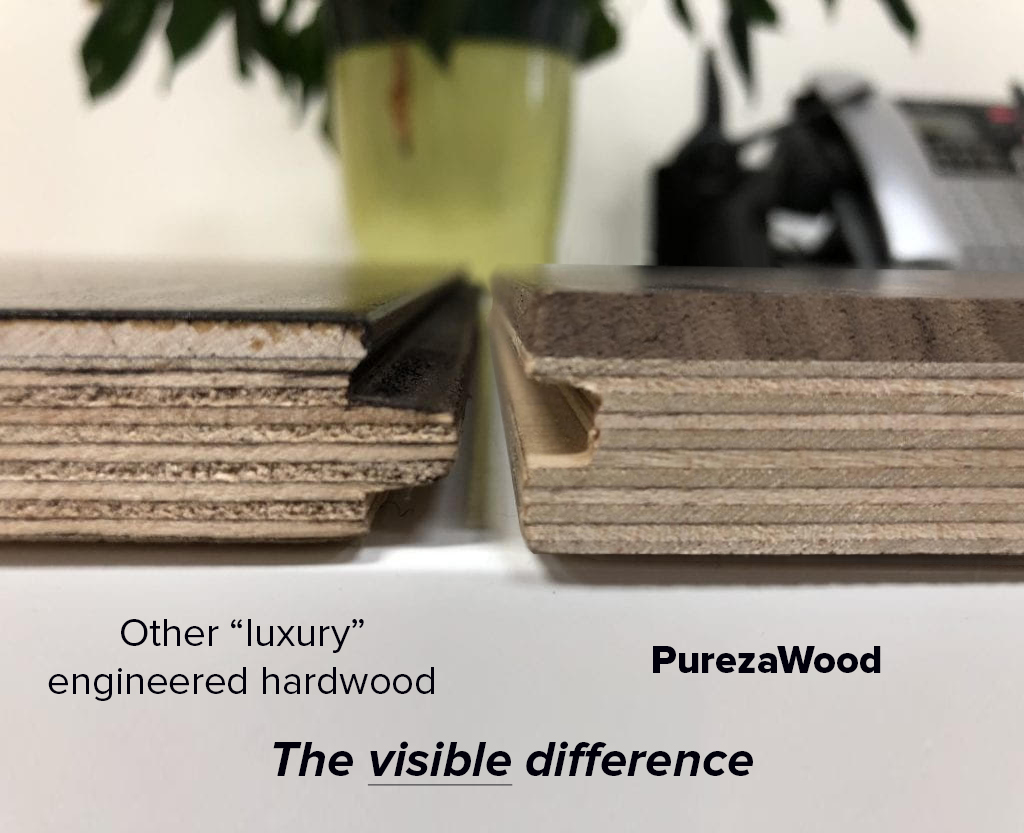 Picture shows the differences between PurezaWood wide plank hardwood flooring and other "luxury" kinds