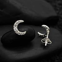 Pave Crescent Moon Earrings in Silver